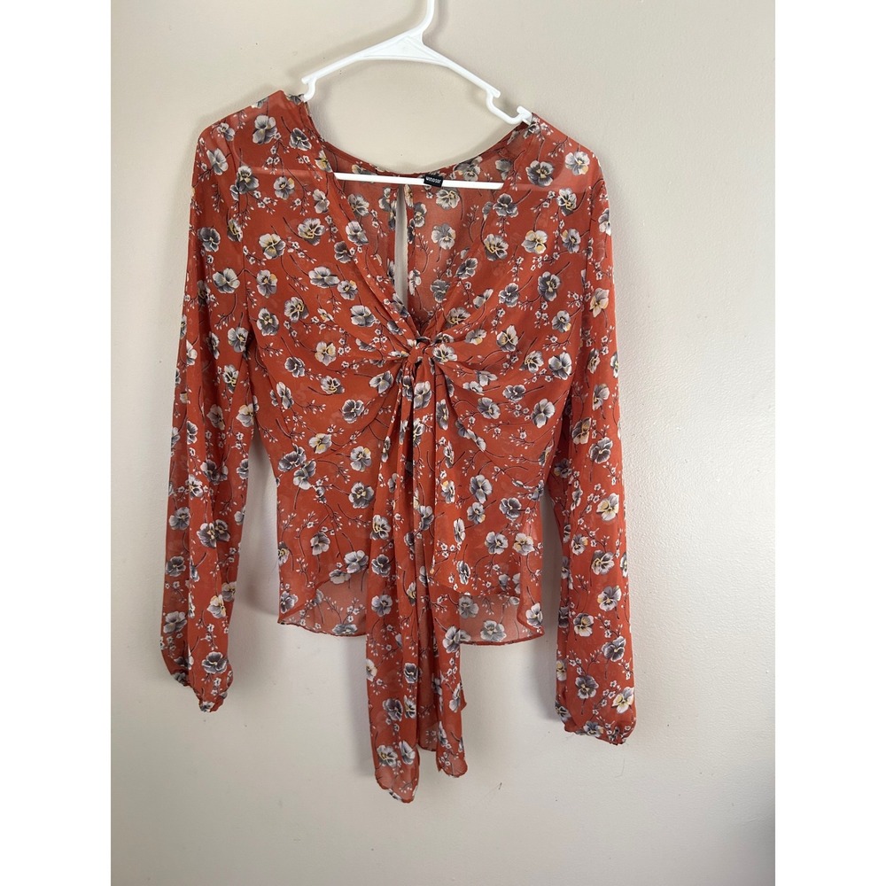 Y2K Windsor Floral‎ Print Twist Front Sheer Blouse  M Boho  IndieSleeze Autumn